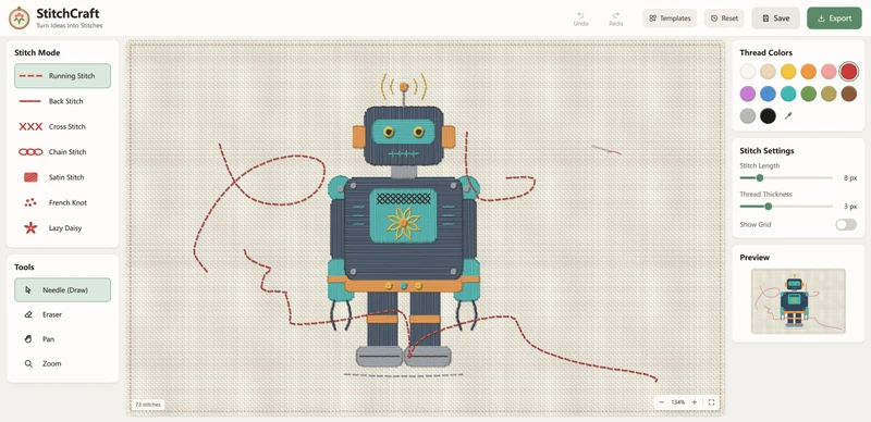 StitchCraft：用「针」在布料上画图，自动转成刺绣针法